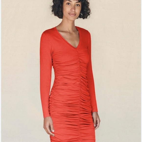Anthropologie Sundry Coral Ruched Dress Size 1/Small - Picture 2 of 14